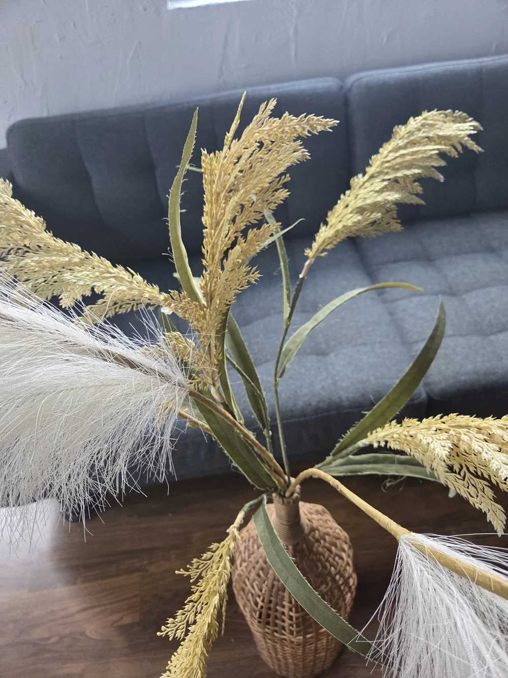 Woven Rattan Floor Vase with White Pampas Grass and Gold Accents